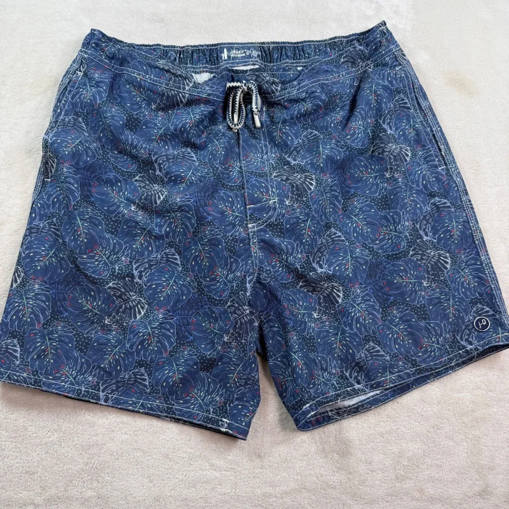 Johnnie-O Mens XL Swim Trunks Navy‎ Blue Tropical Monstera Leaf Board Shorts 7